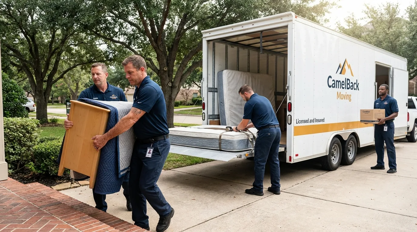 Crew loading residential truck for cross-state move from East Falmouth, MA