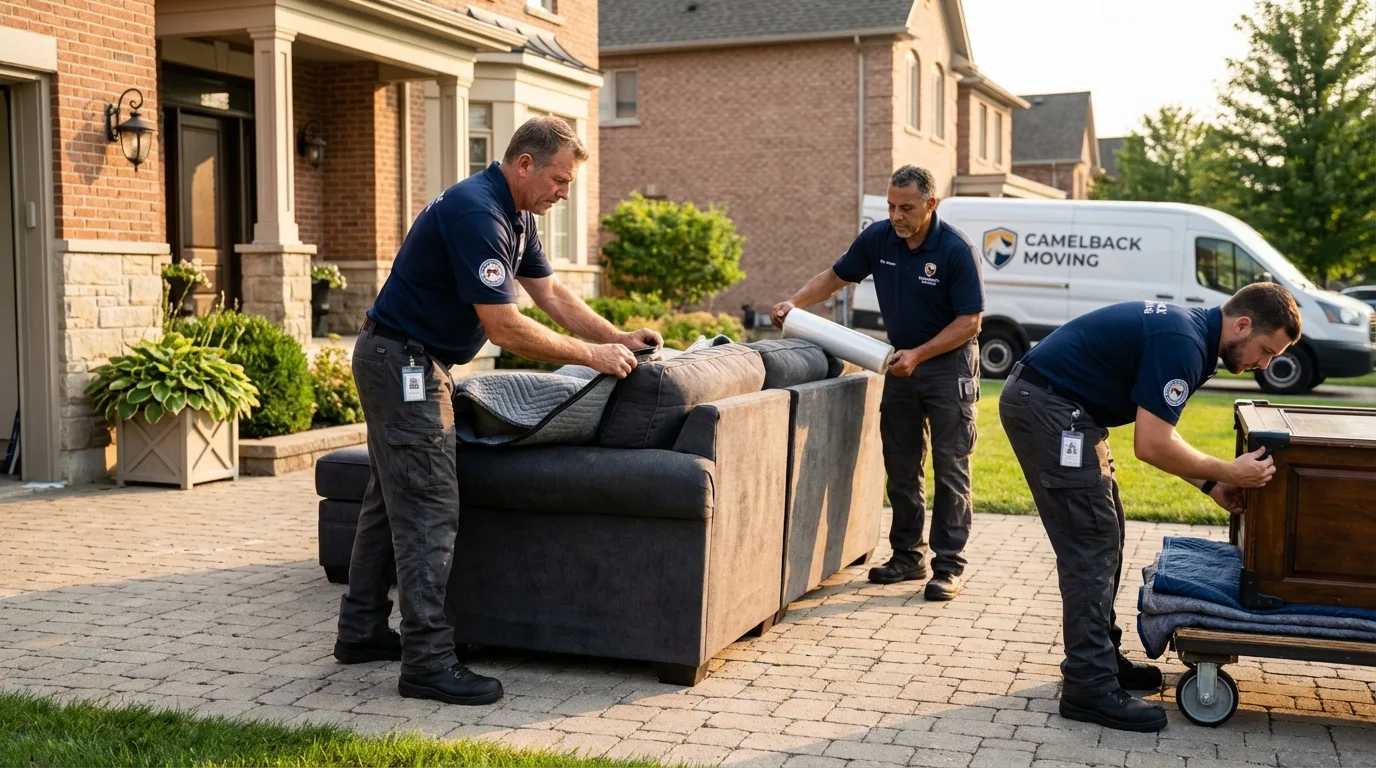 Large estate moving crew wrapping furniture in East Falmouth, MA