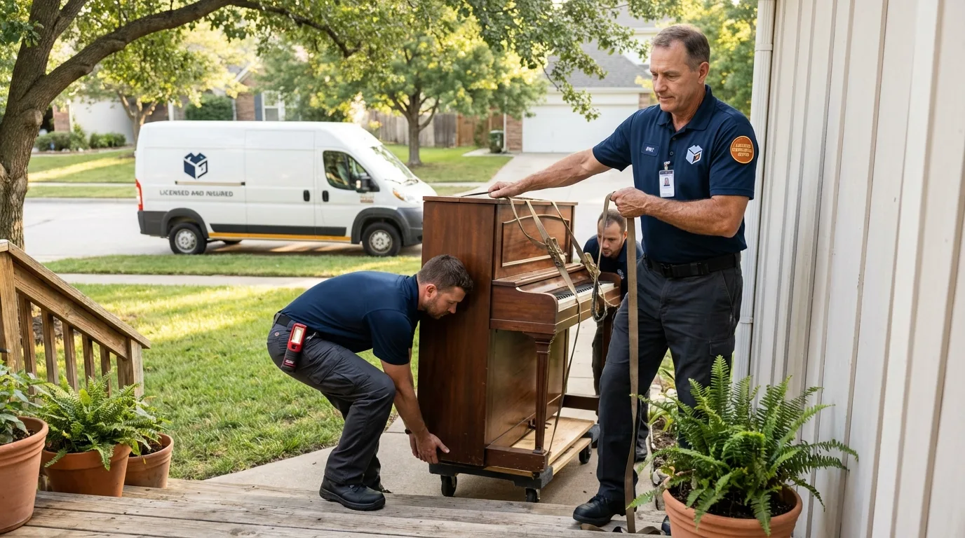 Licensed piano movers securing grand piano in East Falmouth, MA