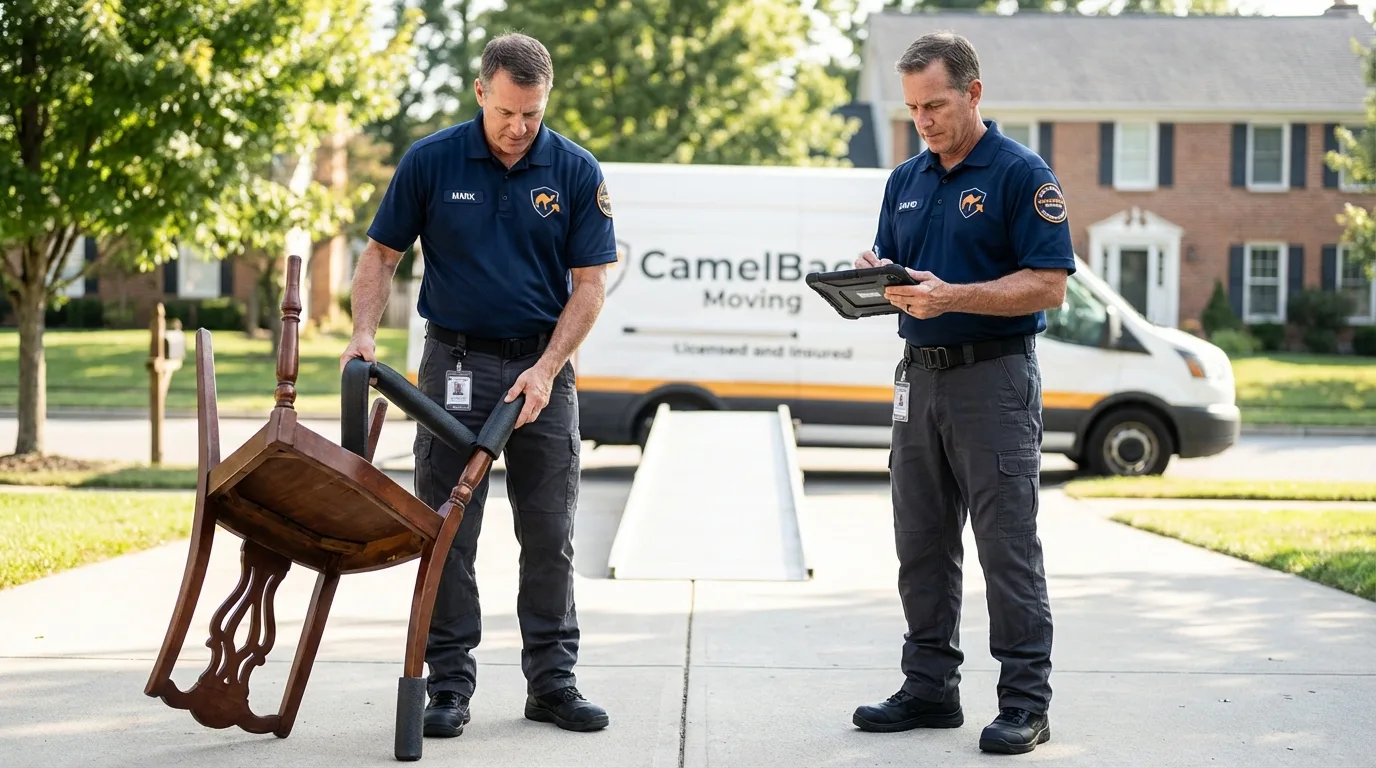 Movers inspecting furniture for damage prevention before loading in East Falmouth, MA
