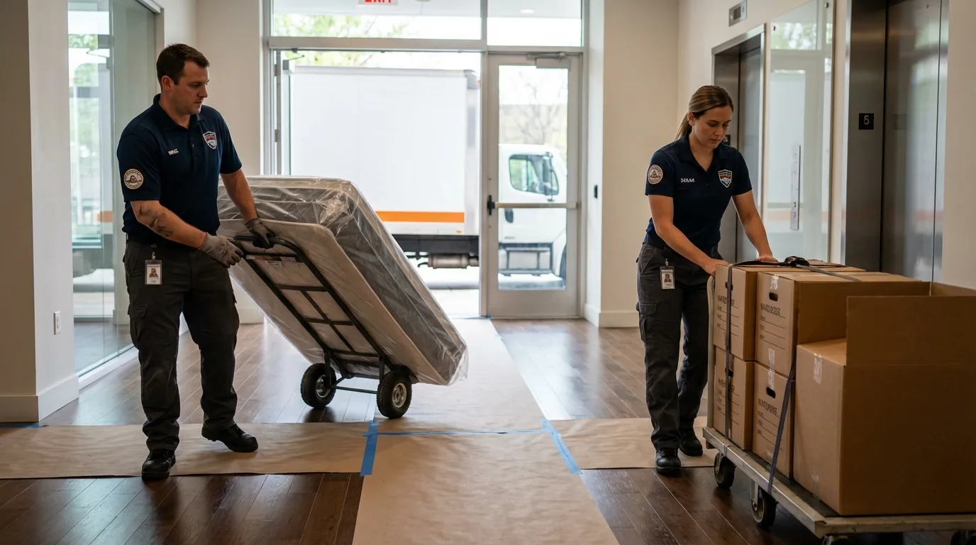 Professional apartment movers loading elevator in East Falmouth, MA
