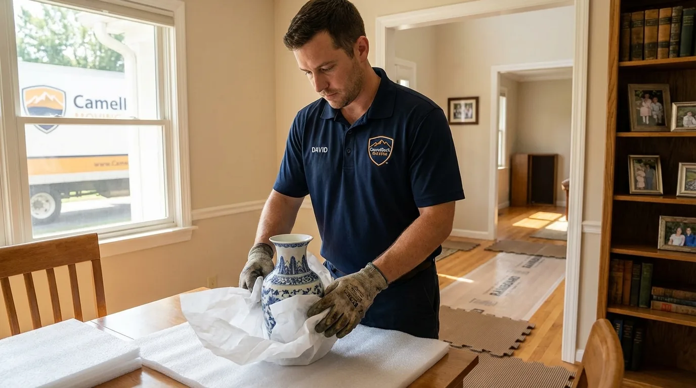 Professional crew carefully wrapping antique vase for senior downsizing move in East Falmouth, MA