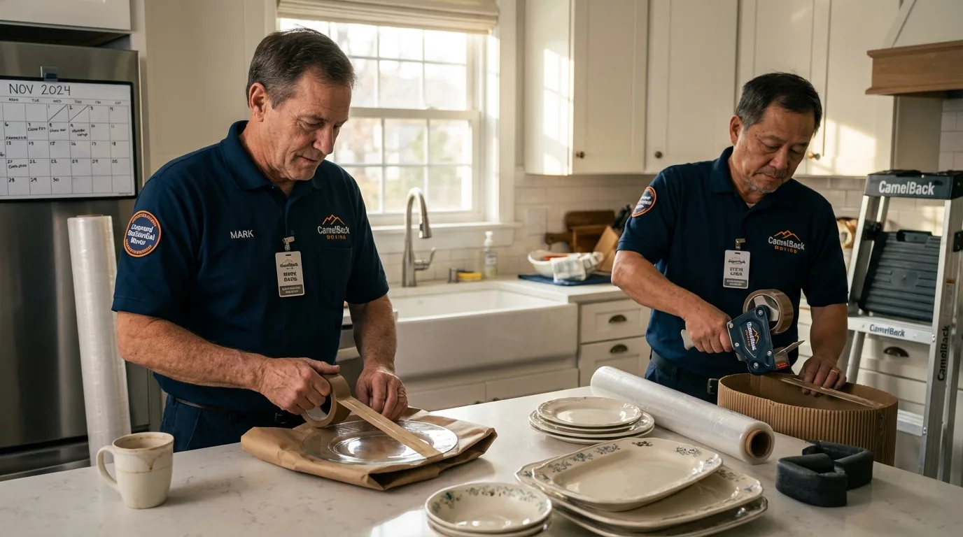 Professional crew packing kitchen dishware in East Falmouth, MA